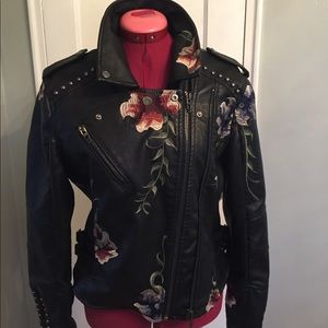 Floral Studded Faux Leather Motorcycle Jacket